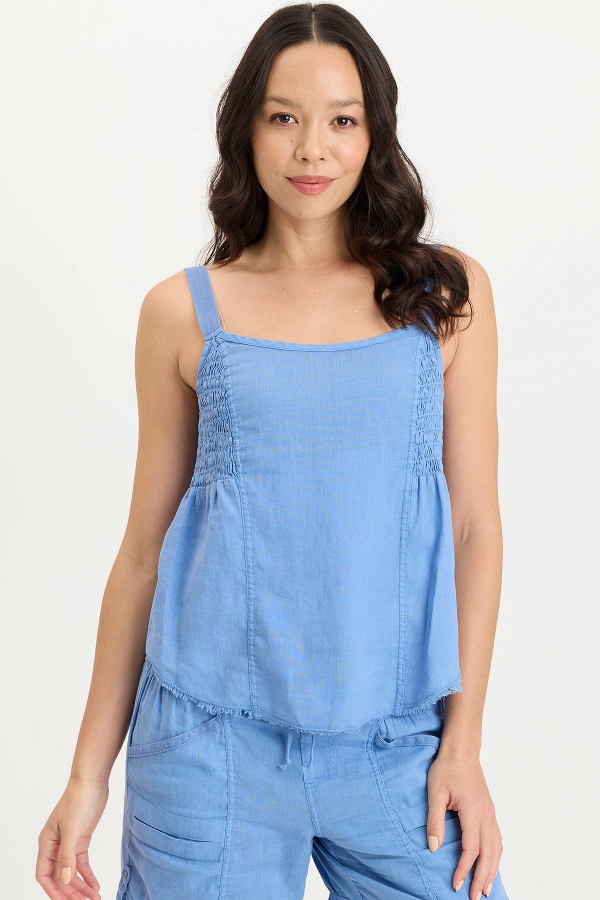 Fernley Lightweight Ruched Linen Tank Top Shasta Lake - XCVI