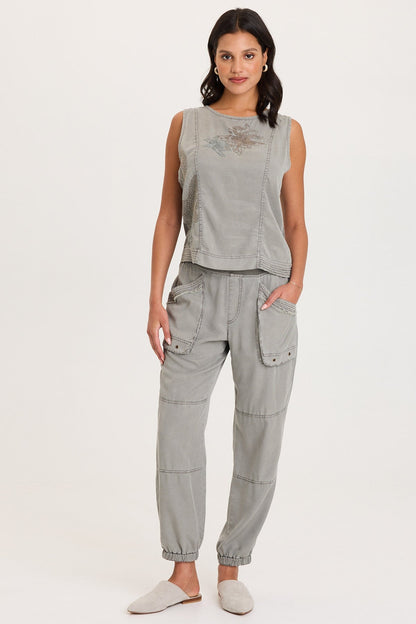 Floral and Scale Embroidered Structured Twill and Jersey Davies Tank Magnetic Grey Pigment - XCVI