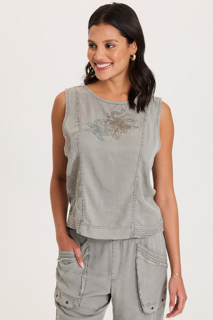 Floral and Scale Embroidered Structured Twill and Jersey Davies Tank Magnetic Grey Pigment - XCVI