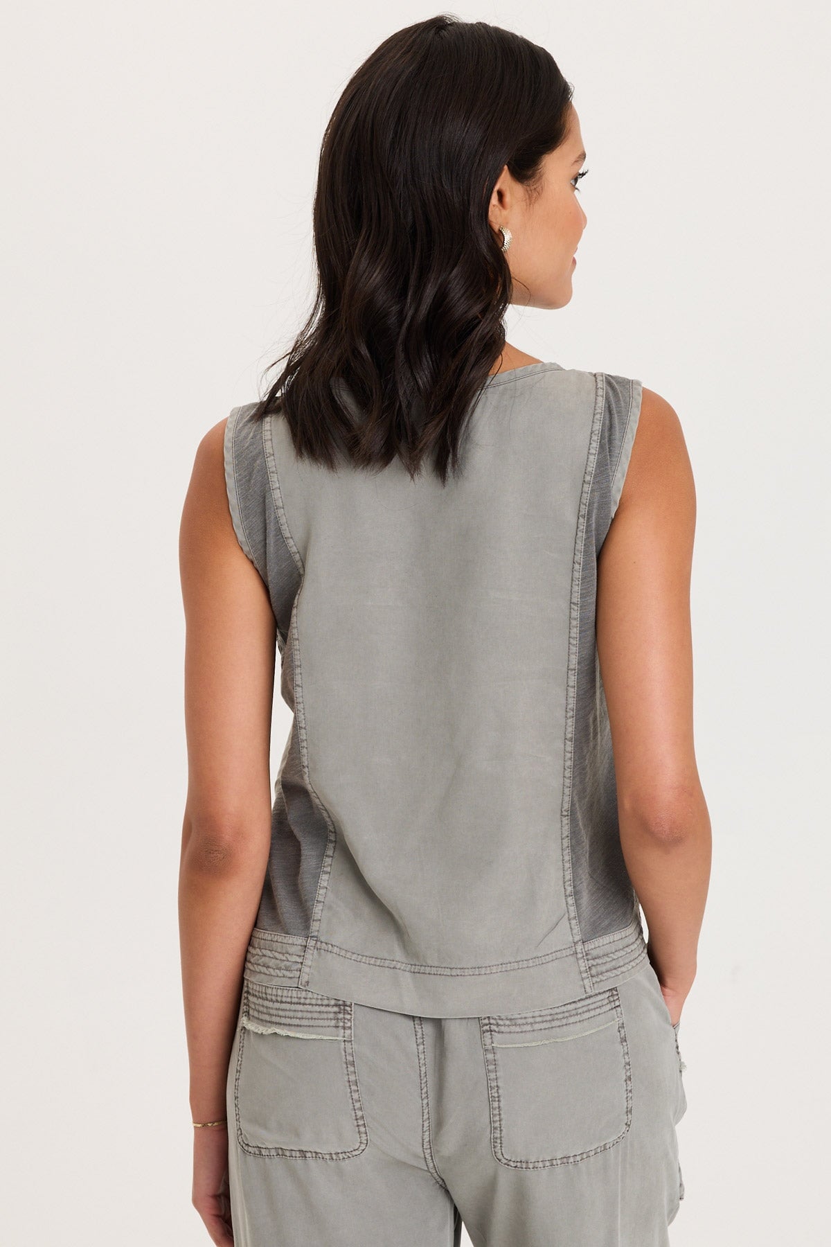 Floral and Scale Embroidered Structured Twill and Jersey Davies Tank Magnetic Grey Pigment - XCVI