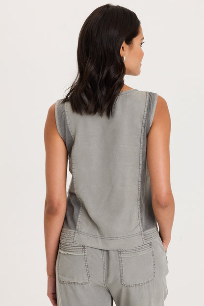 Floral and Scale Embroidered Structured Twill and Jersey Davies Tank Magnetic Grey Pigment - XCVI