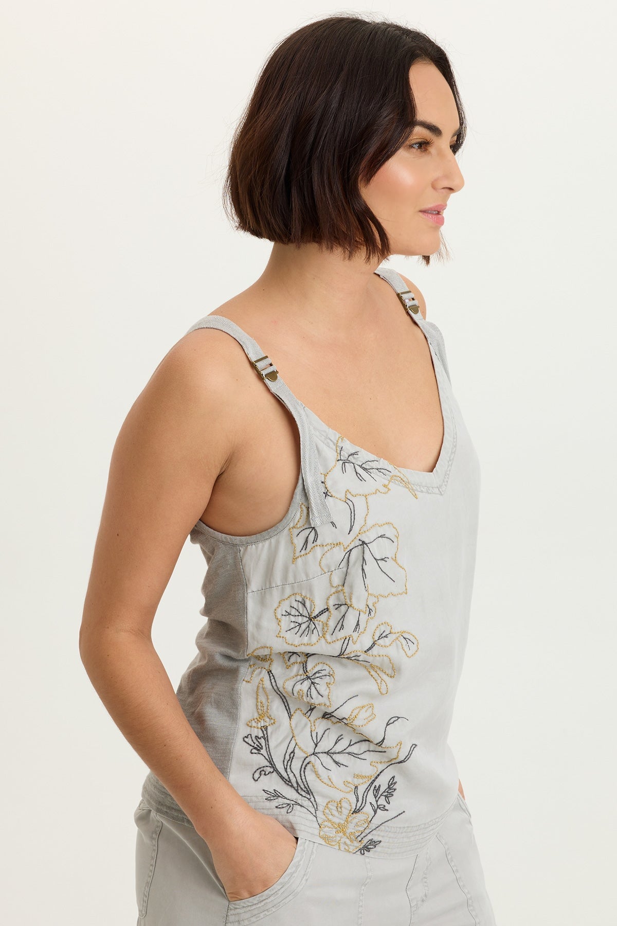 Embroidered Faizon Tencel Twill Adjustable Buckle Straps Tank Masterpiece Pigment - XCVI