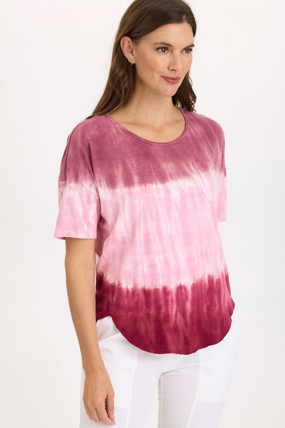 Wearables Duvall Oversize Soft Jersey Curved Hem Pocket Tee Tricolor Ombre Rosy - XCVI