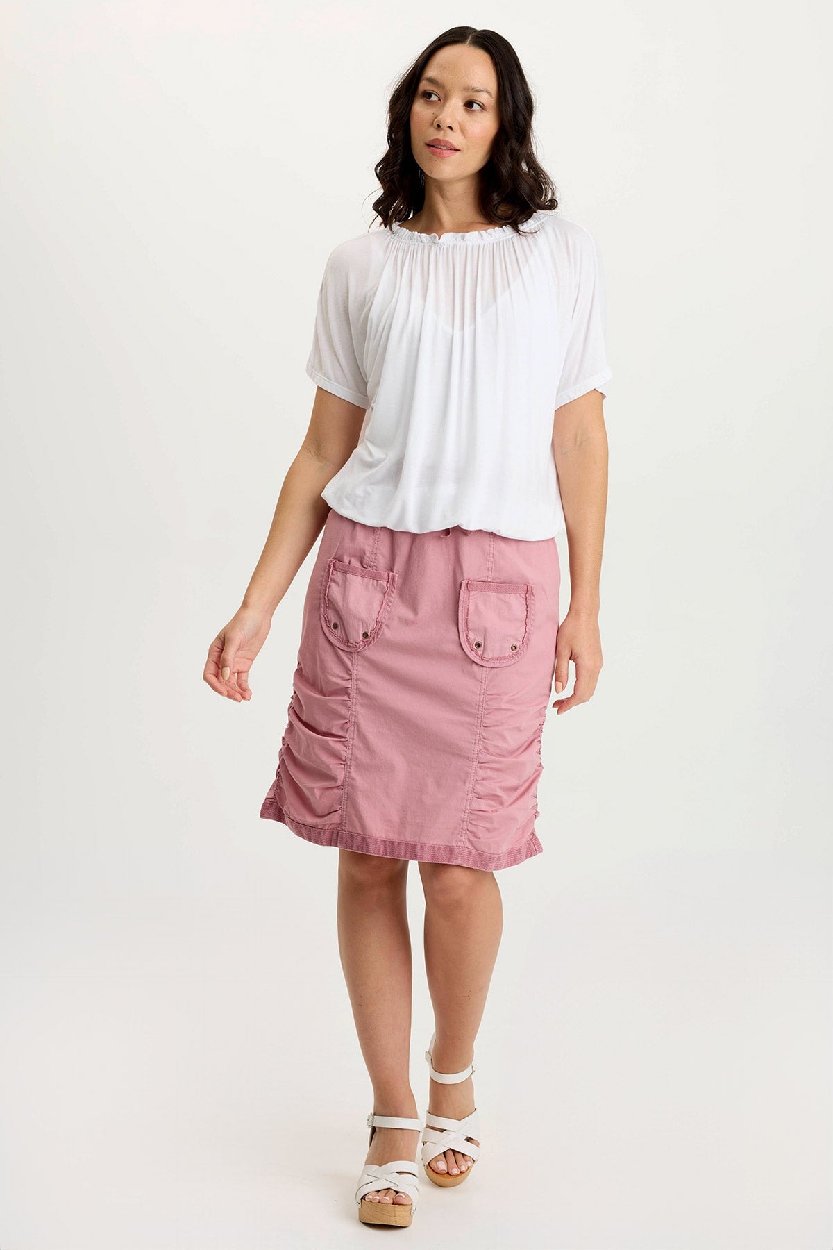 Deitra Soft Jersey Shirred Detail Stretch Tee White - XCVI