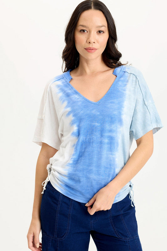 Siwa Split-Collar Stretch Jersey Tee Aerial Wash Coastline - XCVI