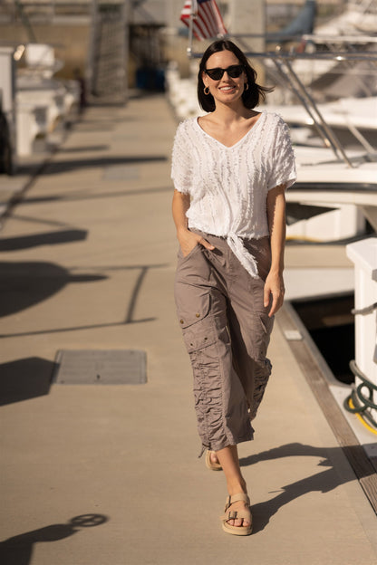 Curine Tie-Up Stripe Stretch V-Neck Top White - XCVI