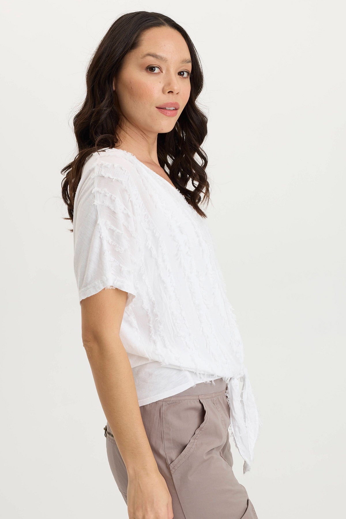Curine Tie-Up Stripe Stretch V-Neck Top White - XCVI