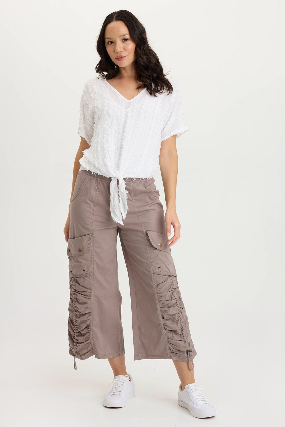 Curine Tie-Up Stripe Stretch V-Neck Top White - XCVI