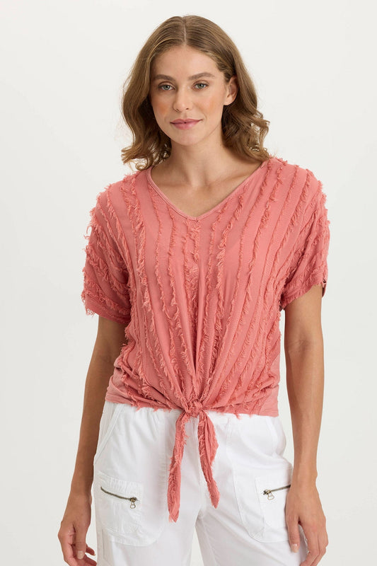 Curine Tie-Up Stripe Stretch V-Neck Top Cherry Fizz Pigment - XCVI