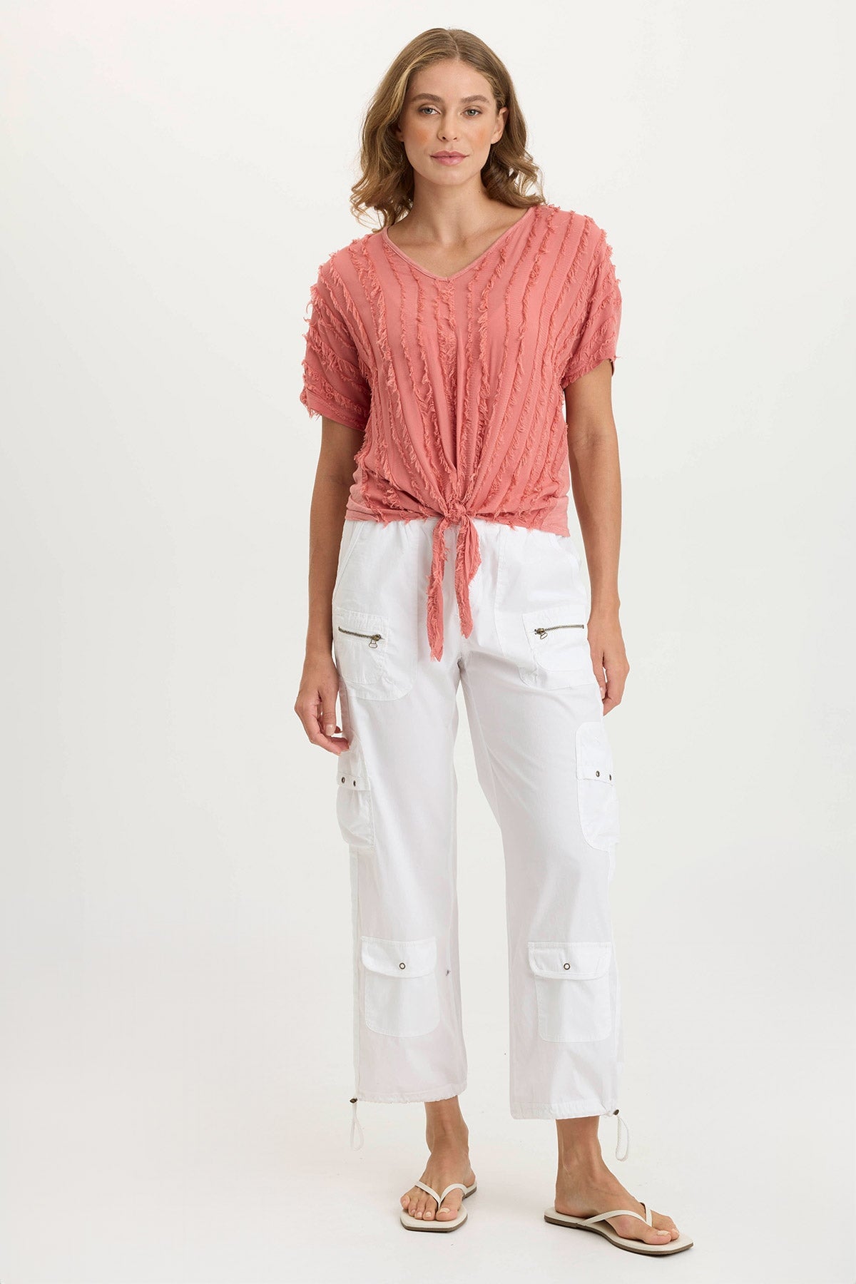 Curine Tie-Up Stripe Stretch V-Neck Top Cherry Fizz Pigment - XCVI