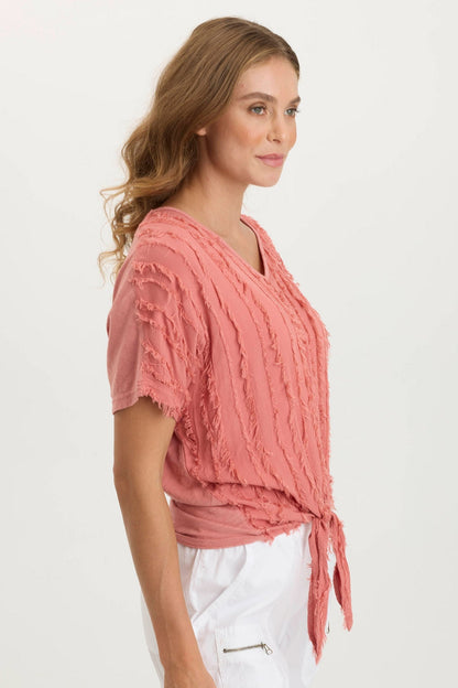 Curine Tie-Up Stripe Stretch V-Neck Top Cherry Fizz Pigment - XCVI
