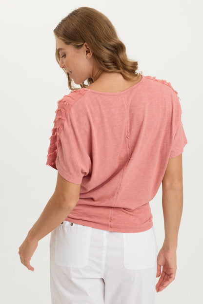 Curine Tie-Up Stripe Stretch V-Neck Top Cherry Fizz Pigment - XCVI