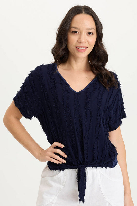 Curine Tie-Up Stripe Stretch V-Neck Top Adrift Pigment - XCVI