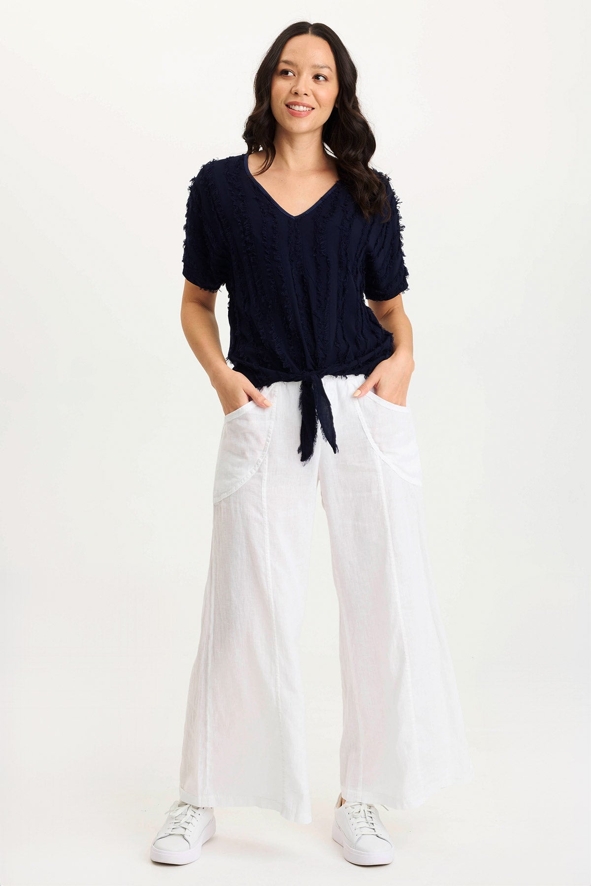 Curine Tie-Up Stripe Stretch V-Neck Top Adrift Pigment - XCVI