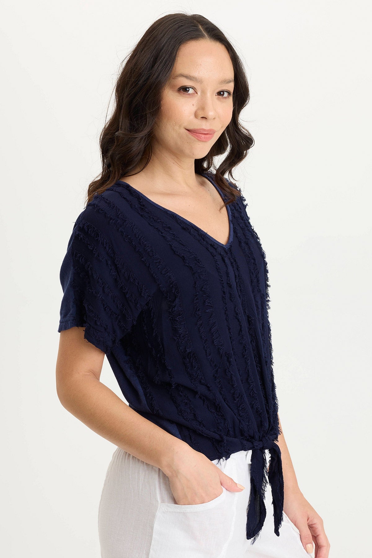 Curine Tie-Up Stripe Stretch V-Neck Top Adrift Pigment - XCVI