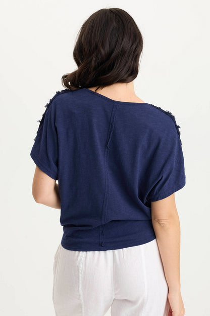 Curine Tie-Up Stripe Stretch V-Neck Top Adrift Pigment - XCVI