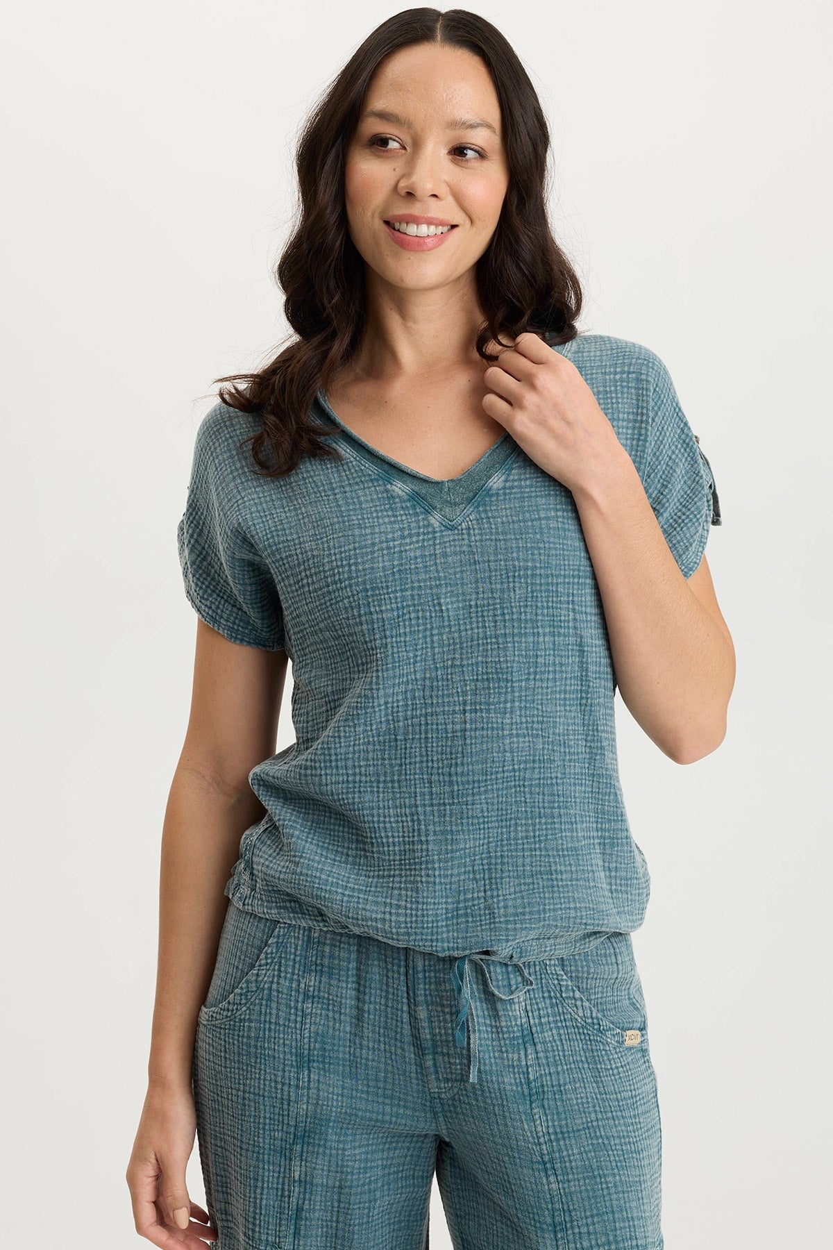 Bower Relaxed Gauze + Jersey Bubble Hem V-Neck Tee Distress Wash Tideworn - XCVI