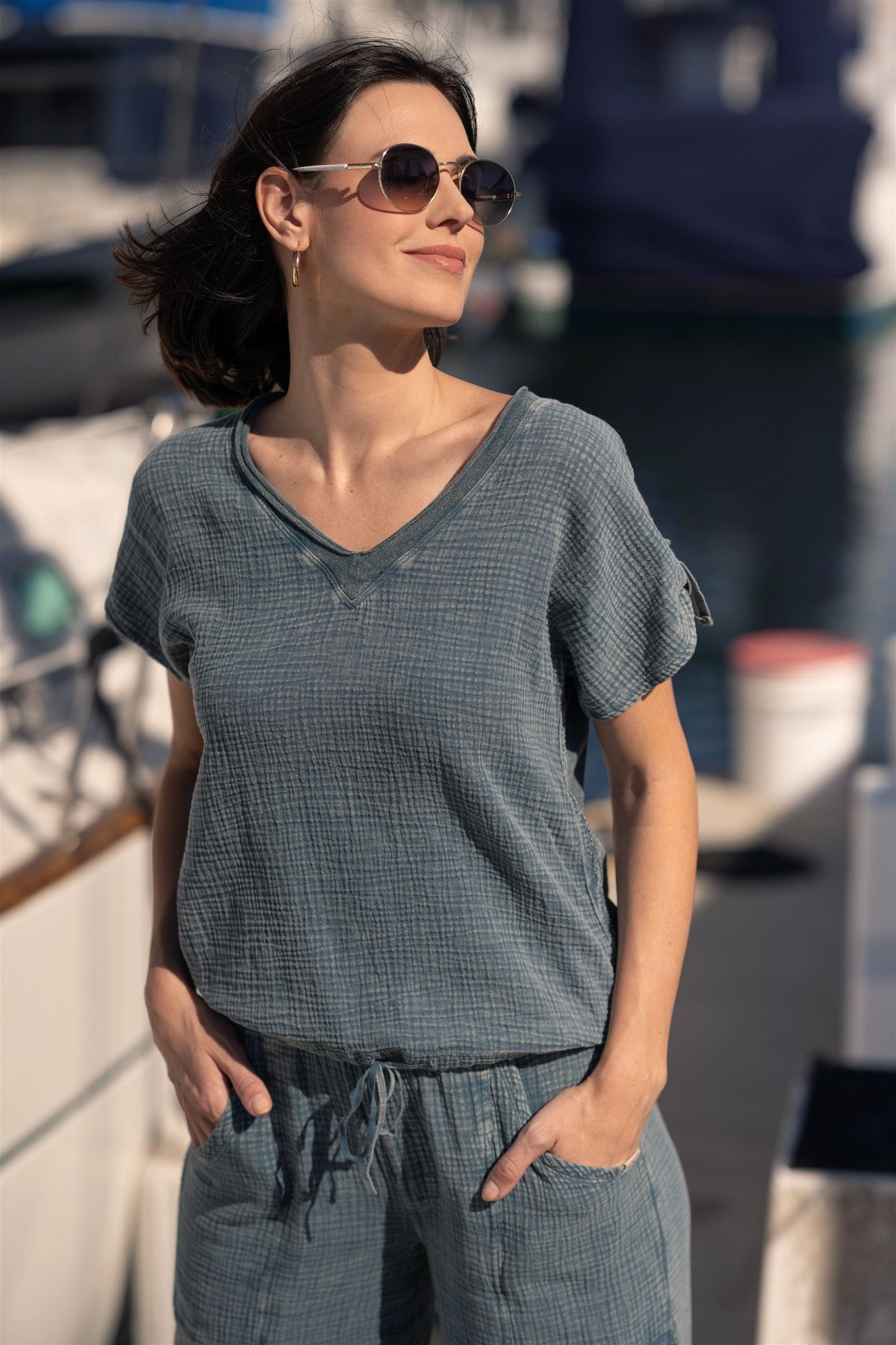 Bower Relaxed Gauze + Jersey Bubble Hem V-Neck Tee Distress Wash Tideworn - XCVI