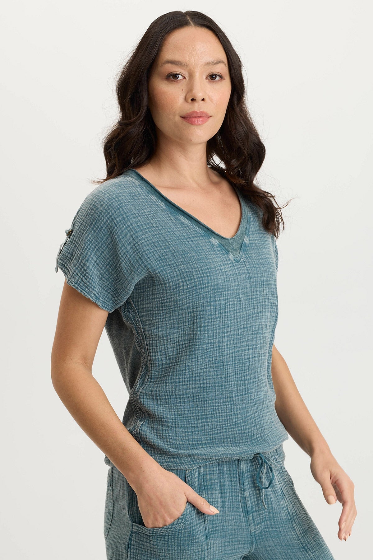 Bower Relaxed Gauze + Jersey Bubble Hem V-Neck Tee Distress Wash Tideworn - XCVI
