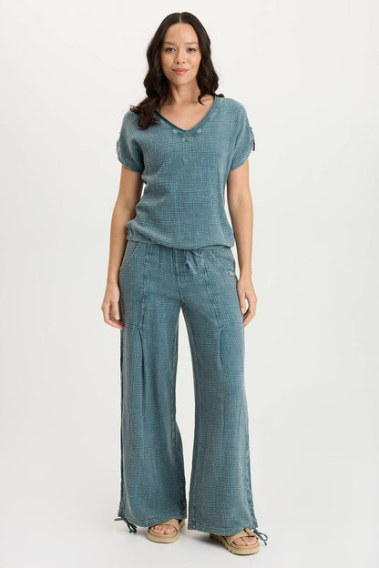Bower Relaxed Gauze + Jersey Bubble Hem V-Neck Tee Distress Wash Tideworn - XCVI