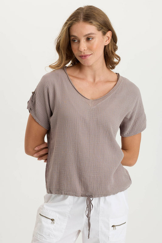 Bower Relaxed Gauze + Jersey Bubble Hem V-Neck Tee Poppy Seed - XCVI