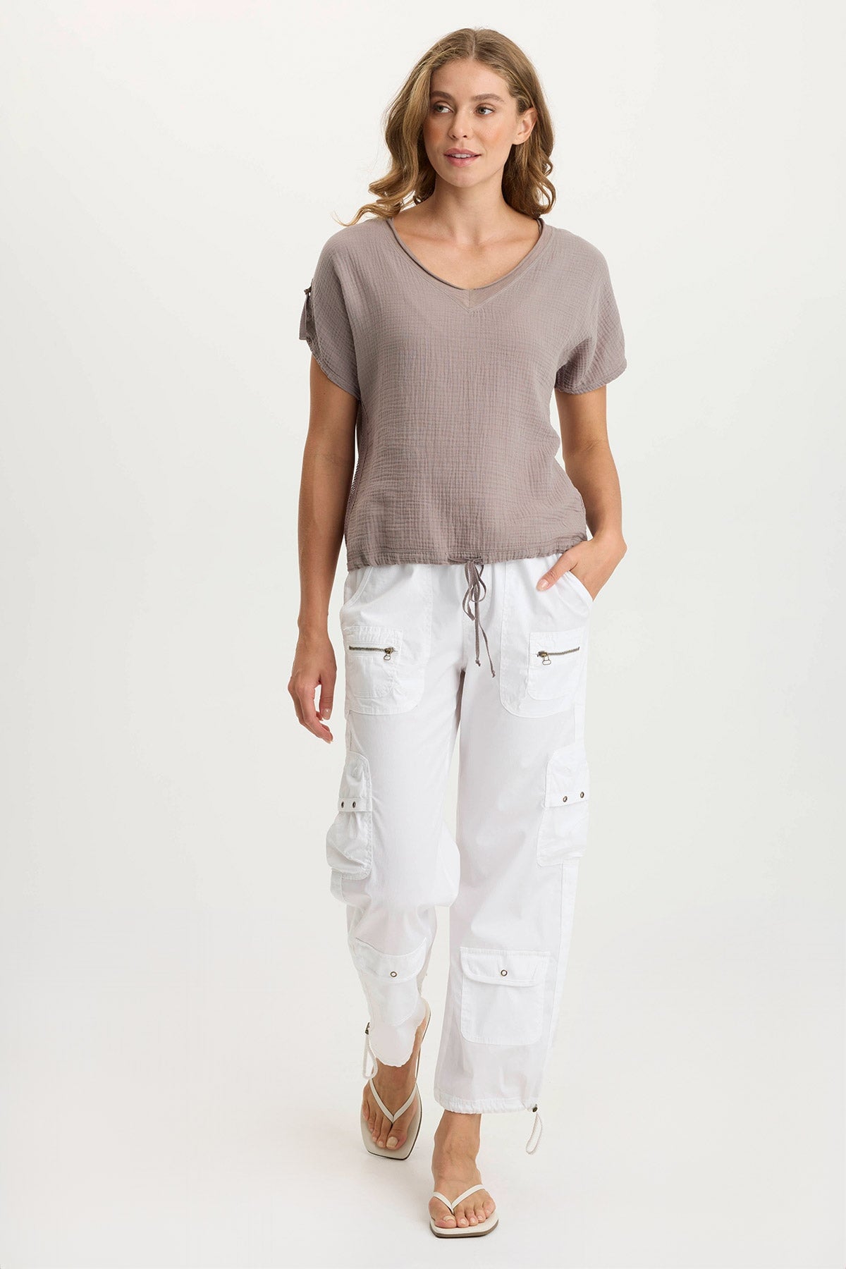 Bower Relaxed Gauze + Jersey Bubble Hem V-Neck Tee Poppy Seed - XCVI