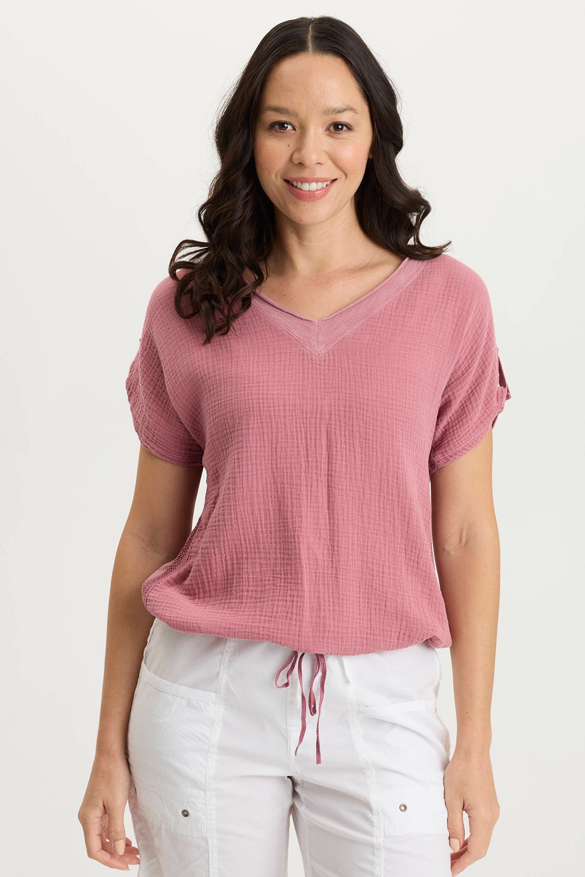 Bower Relaxed Gauze + Jersey Bubble Hem V-Neck Tee Cherished Pigment - XCVI