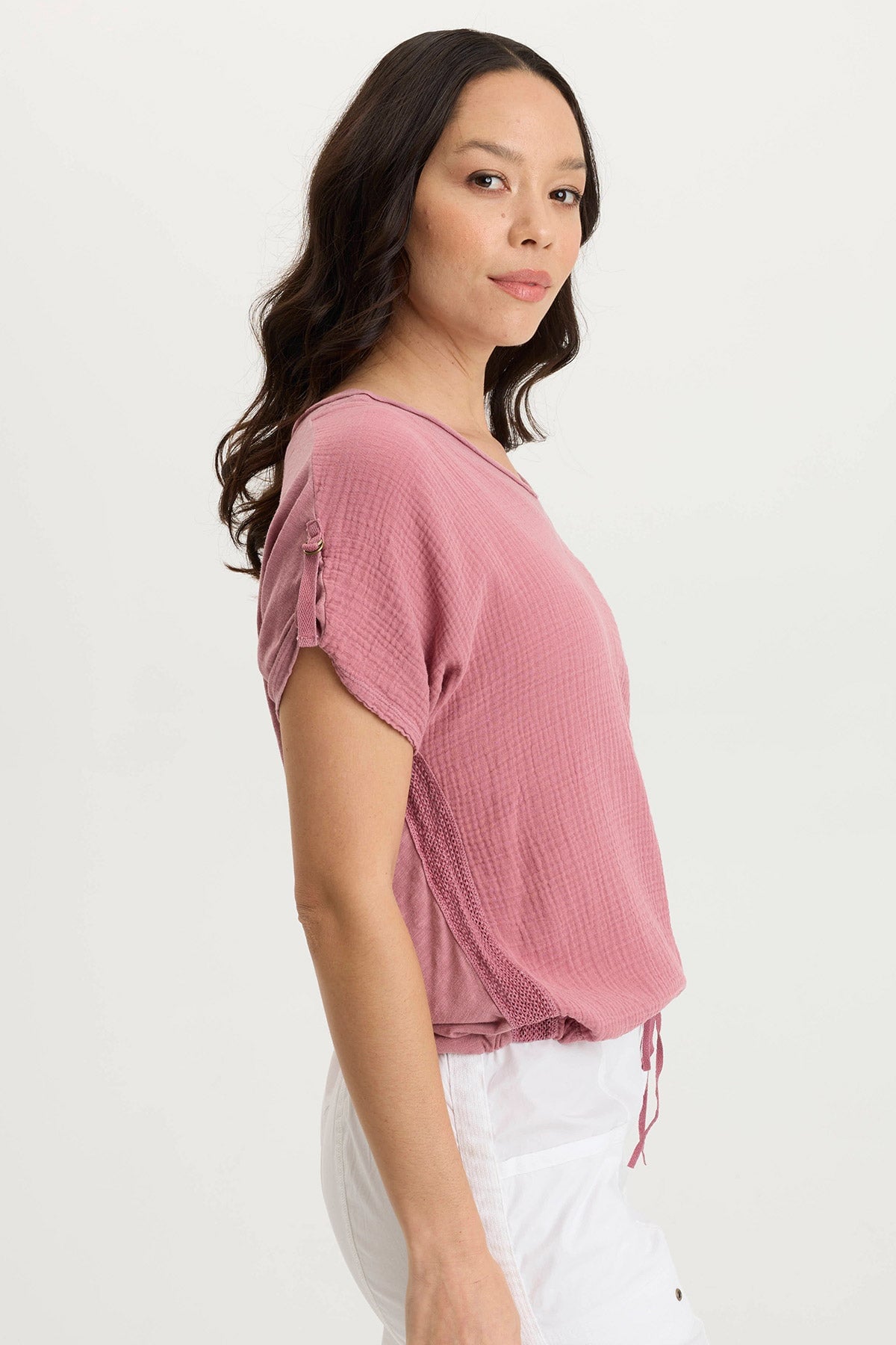 Bower Relaxed Gauze + Jersey Bubble Hem V-Neck Tee Cherished Pigment - XCVI