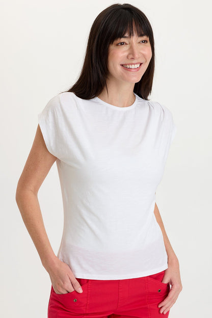 Wearables Arwen Soft Jersey Mock Neck Tee with cap sleeves + stretch in White White - XCVI