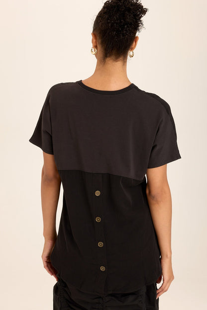 Wearables Clara Twill/Jersey Relaxed V-Neck Tee with button back placket and rib detail in Black Black - XCVI