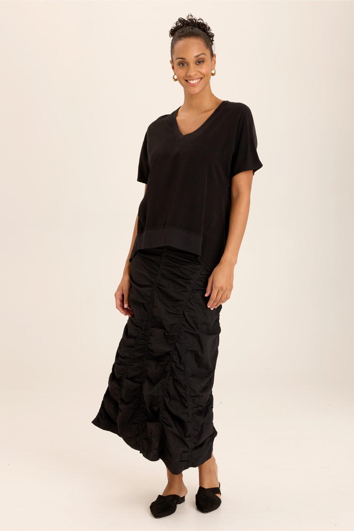 Wearables Clara Twill/Jersey Relaxed V-Neck Tee with button back placket and rib detail in Black Black - XCVI