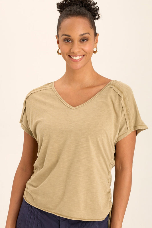 Wearables Diggory Cinched Cord V-Neck Jersey Tee with boat neck, dolman sleeves, and raw-edge distressing in Beige Linwood Sands Pigment - XCVI