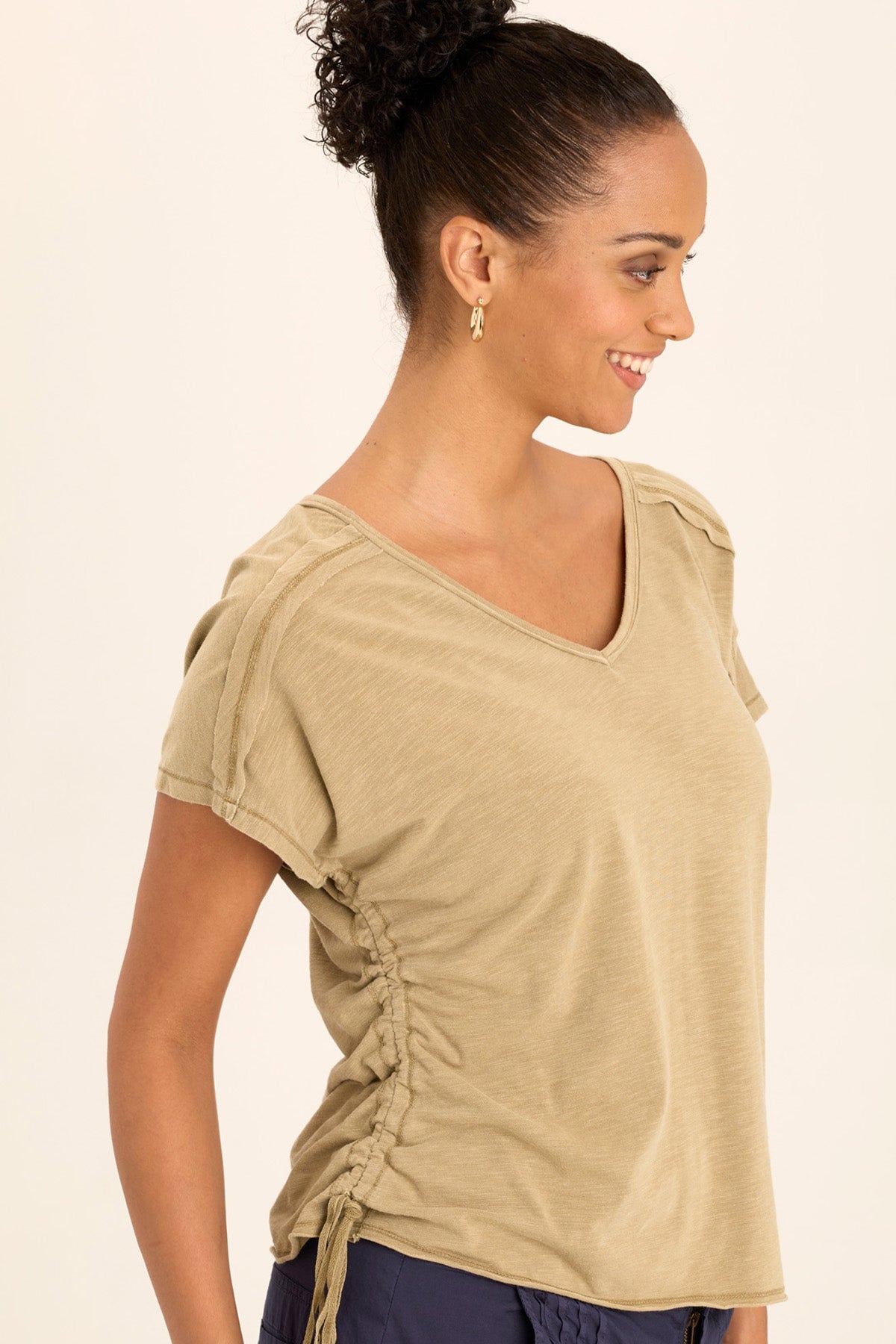 Wearables Diggory Cinched Cord V-Neck Jersey Tee with boat neck, dolman sleeves, and raw-edge distressing in Beige Linwood Sands Pigment - XCVI