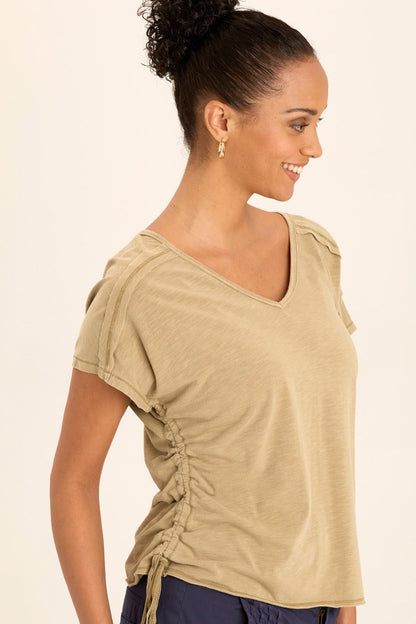 Wearables Diggory Cinched Cord V-Neck Jersey Tee with boat neck, dolman sleeves, and raw-edge distressing in Beige Linwood Sands Pigment - XCVI