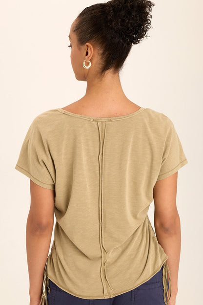 Wearables Diggory Cinched Cord V-Neck Jersey Tee with boat neck, dolman sleeves, and raw-edge distressing in Beige Linwood Sands Pigment - XCVI
