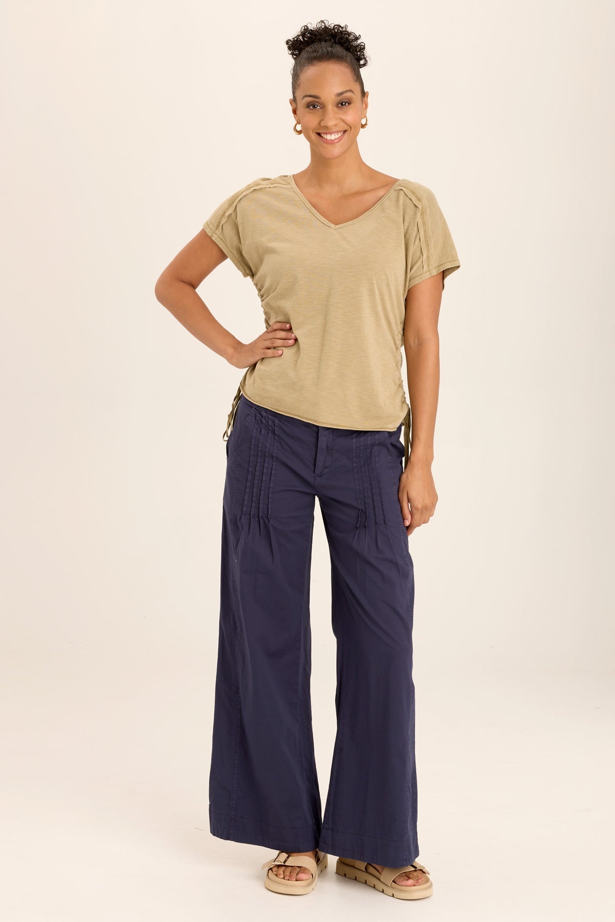 Wearables Diggory Cinched Cord V-Neck Jersey Tee with boat neck, dolman sleeves, and raw-edge distressing in Beige Linwood Sands Pigment - XCVI