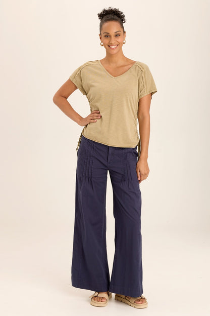Wearables Diggory Cinched Cord V-Neck Jersey Tee with boat neck, dolman sleeves, and raw-edge distressing in Beige Linwood Sands Pigment - XCVI