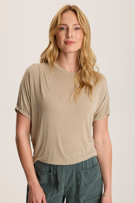 Valensi Soft Jersey Banded Sleeve Tee semi-crop boxy stretch fit with crew neck in Beige Tanglewood Pigment - XCVI