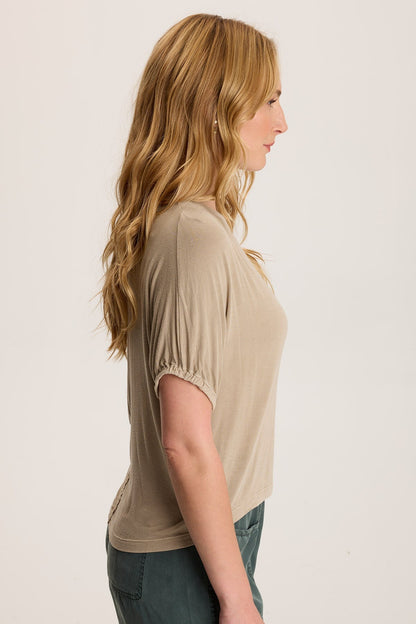 Valensi Soft Jersey Banded Sleeve Tee semi-crop boxy stretch fit with crew neck in Beige Tanglewood Pigment - XCVI