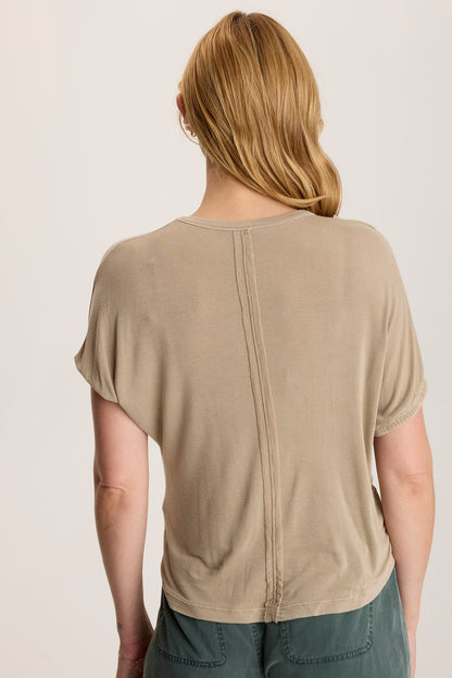 Valensi Soft Jersey Banded Sleeve Tee semi-crop boxy stretch fit with crew neck in Beige Tanglewood Pigment - XCVI