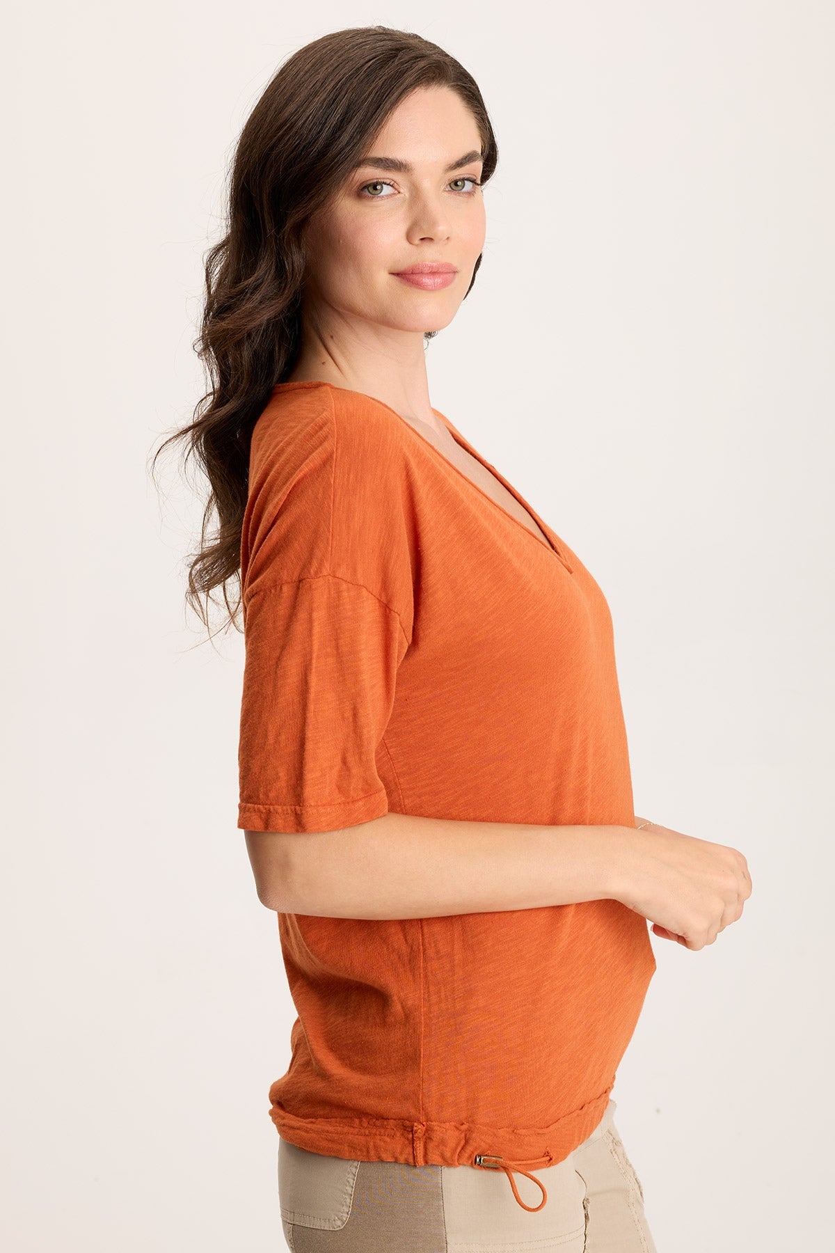 Rajni V-Neck Cinchable Hem Tee Oriole - XCVI