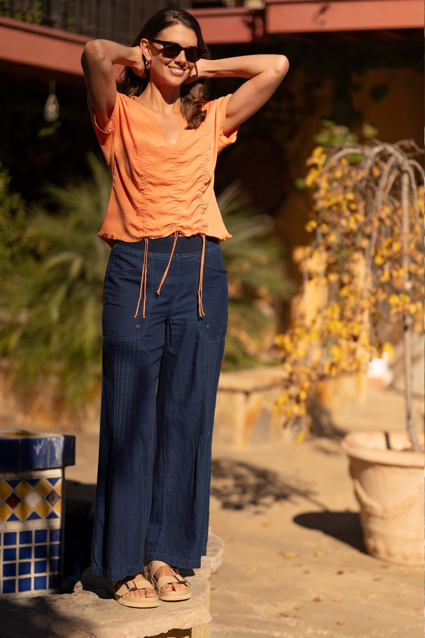 Werner Twill Ruched Cord Relaxed V-Neck Tee Peach Mimosa - XCVI