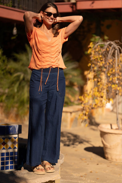 Werner Twill Ruched Cord Relaxed V-Neck Tee Peach Mimosa - XCVI