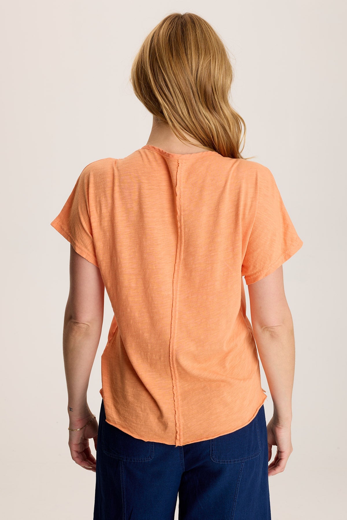 Werner Twill Ruched Cord Relaxed V-Neck Tee Peach Mimosa - XCVI