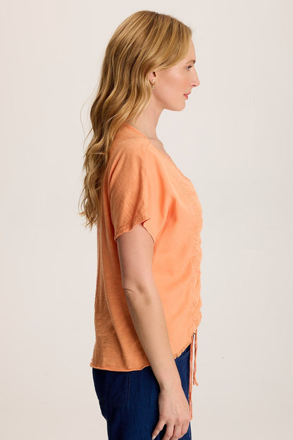 Werner Twill Ruched Cord Relaxed V-Neck Tee Peach Mimosa - XCVI