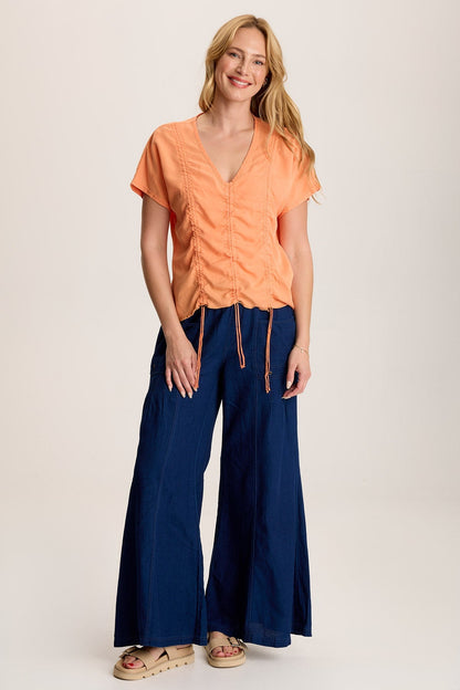 Werner Twill Ruched Cord Relaxed V-Neck Tee Peach Mimosa - XCVI