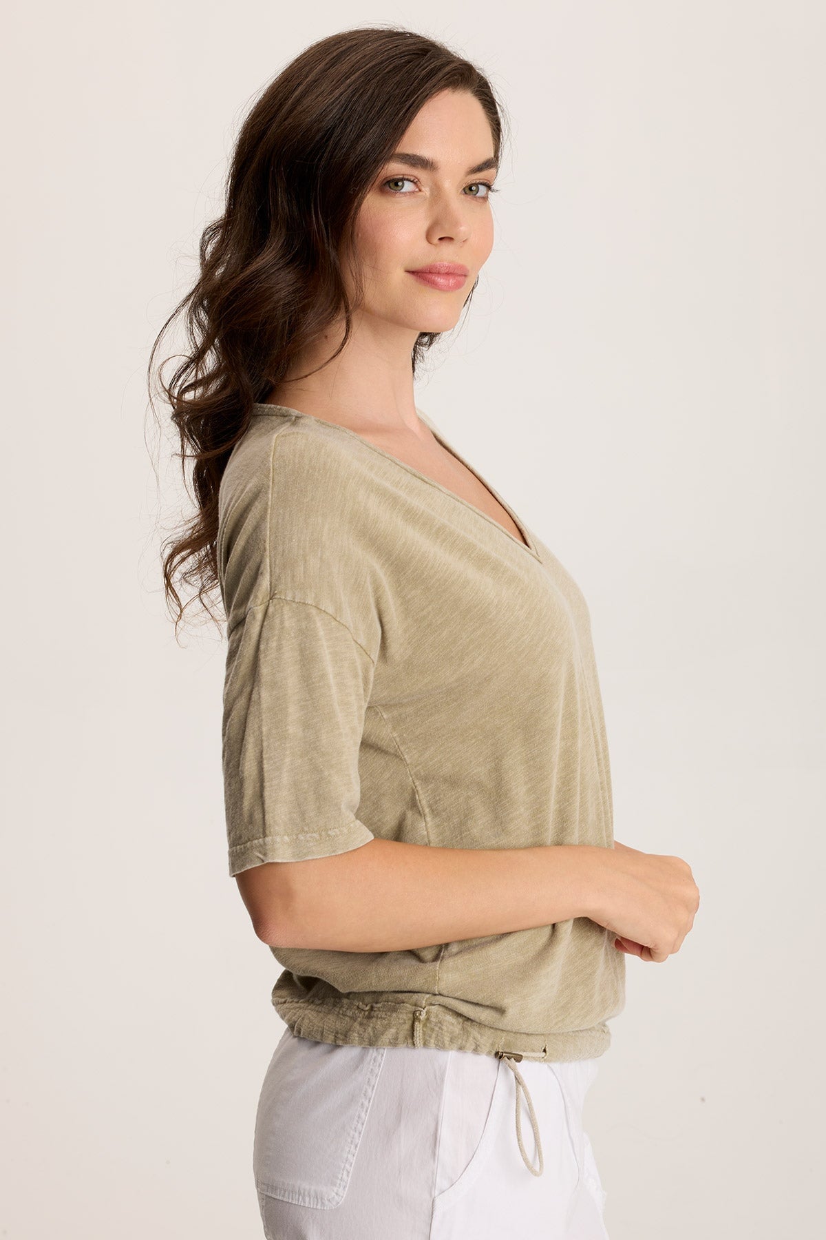Rajni V-Neck Cinchable Hem Tee Distress Wash Biscuit - XCVI