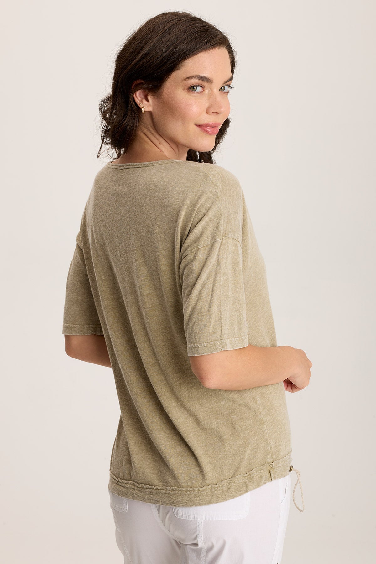 Rajni V-Neck Cinchable Hem Tee Distress Wash Biscuit - XCVI