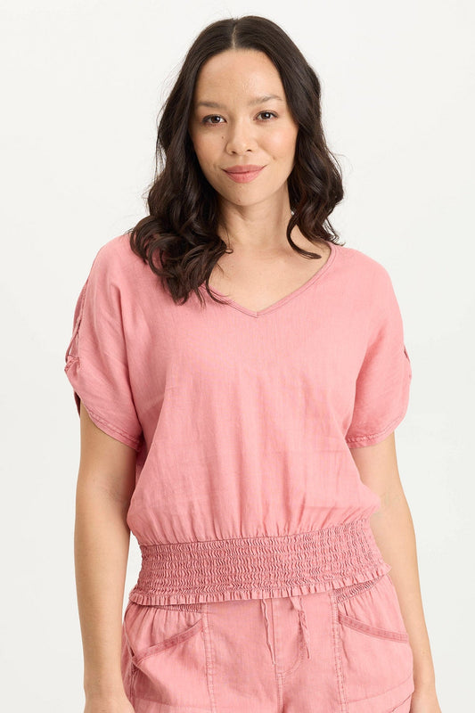 Oko Breathable Light Linen Cinched Hem Top Cherry Fizz Pigment - XCVI