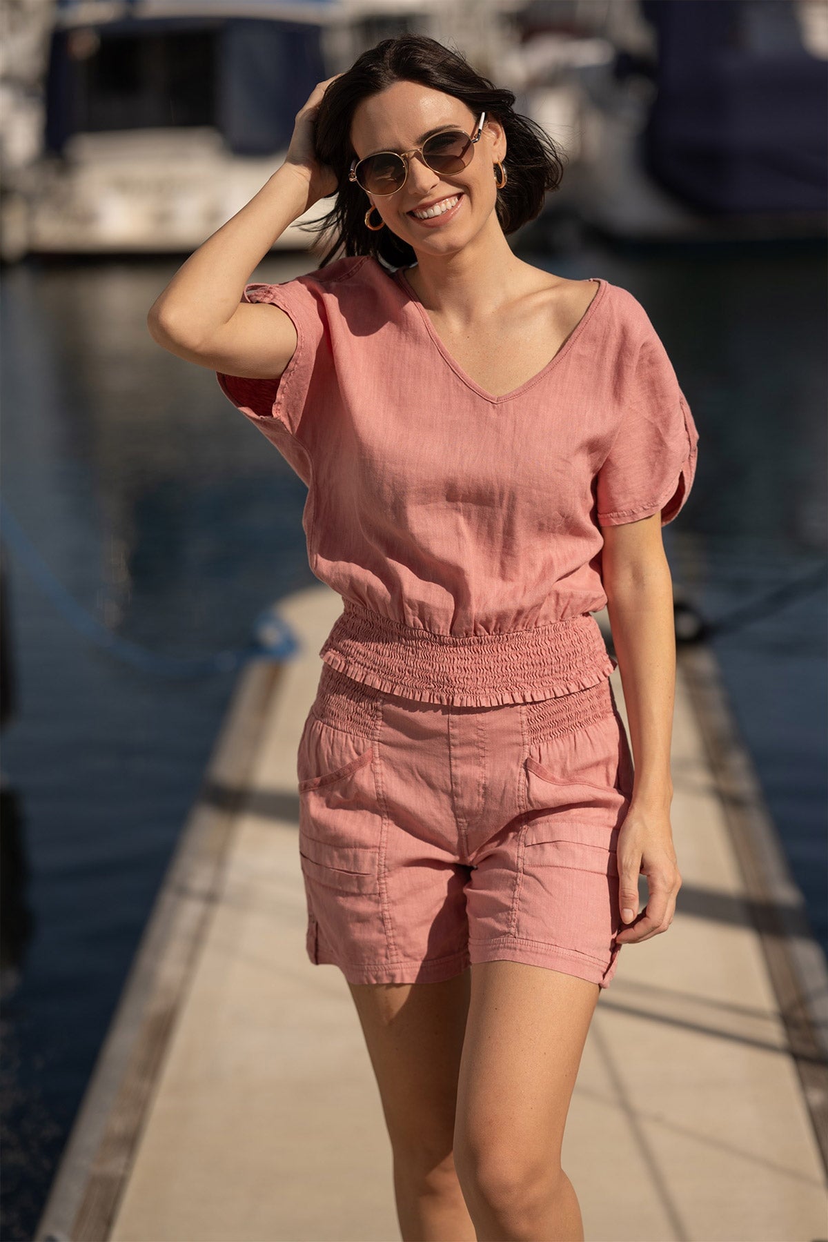 Oko Breathable Light Linen Cinched Hem Top Cherry Fizz Pigment - XCVI